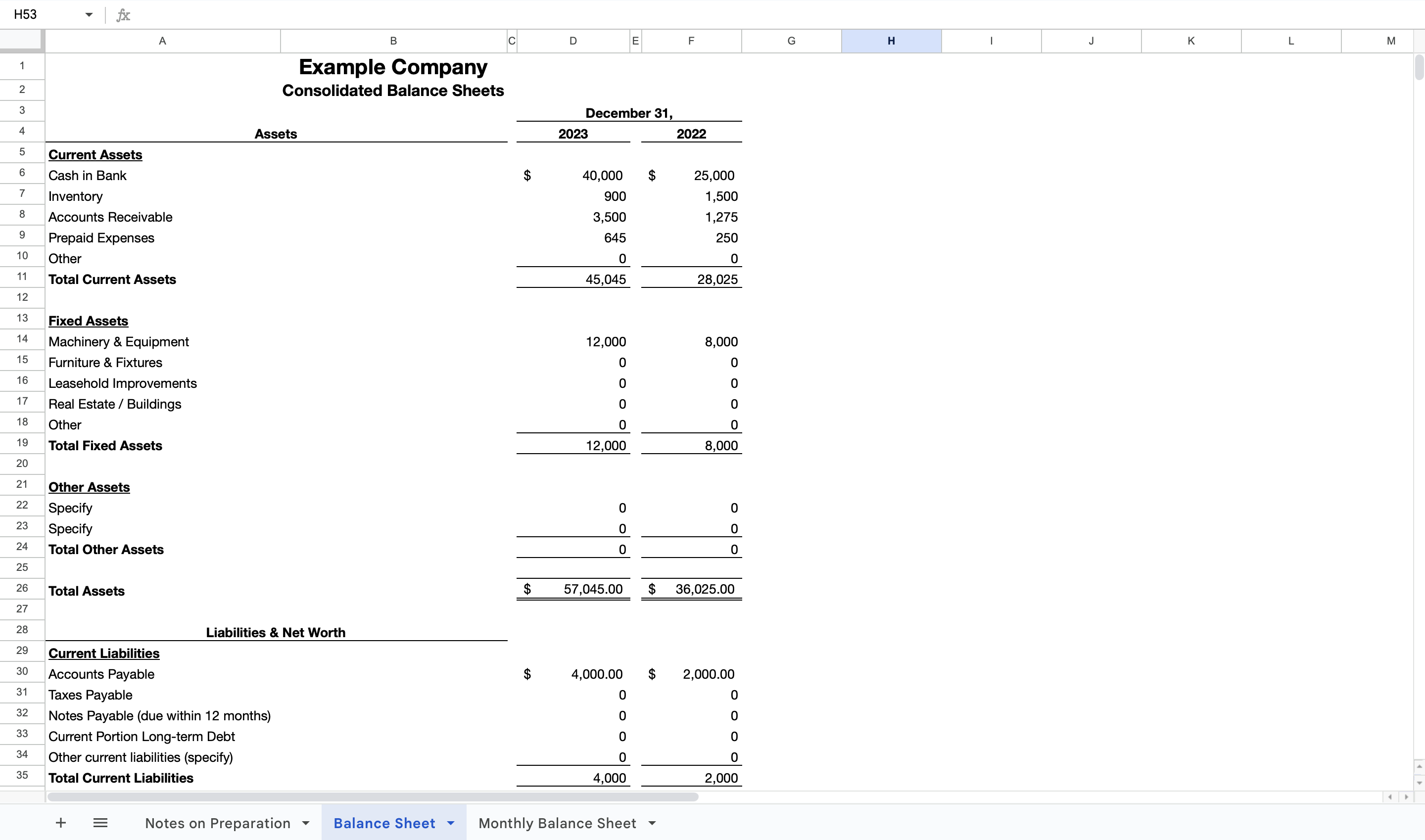 Balance sheet tempalte