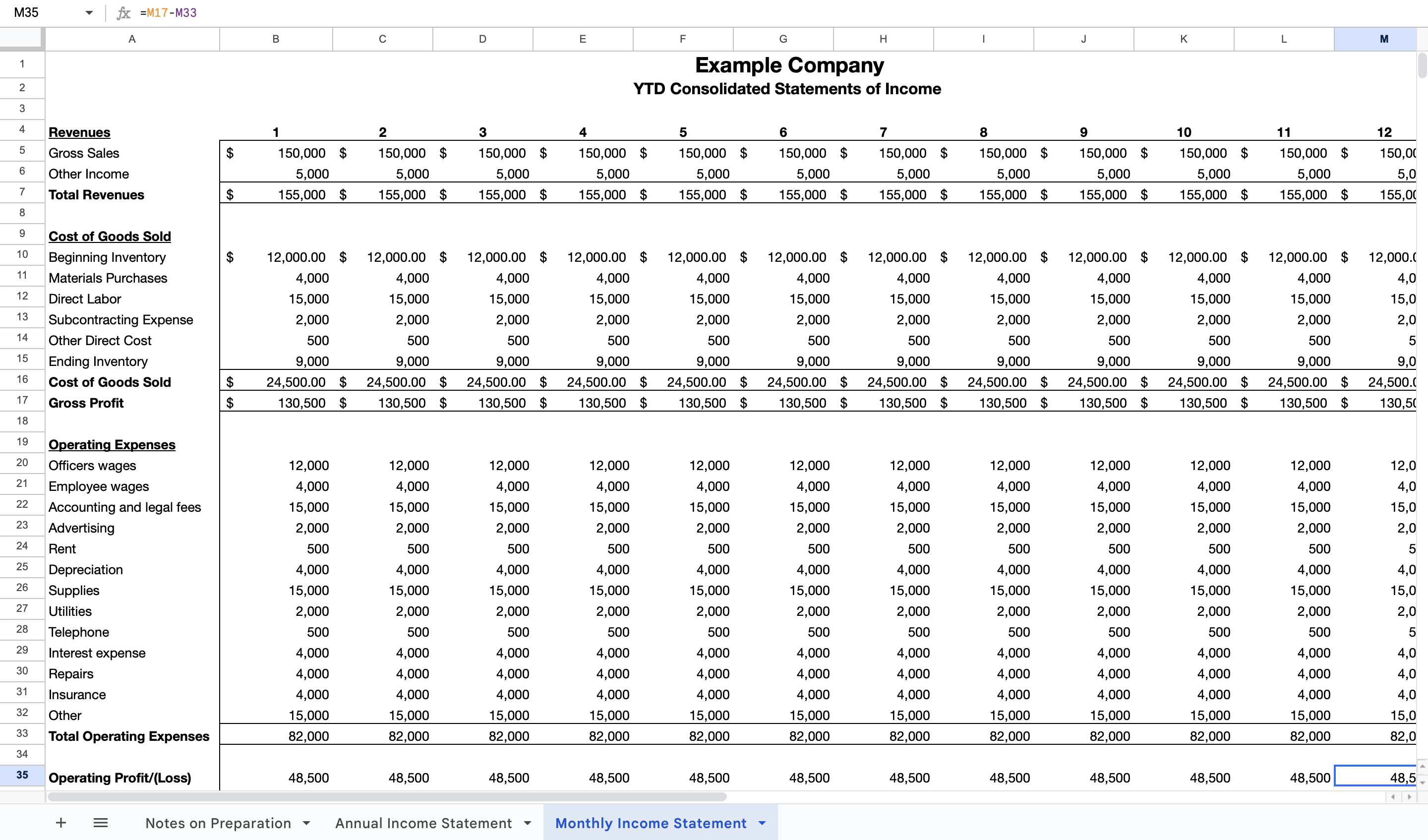 Income statement template screenshot